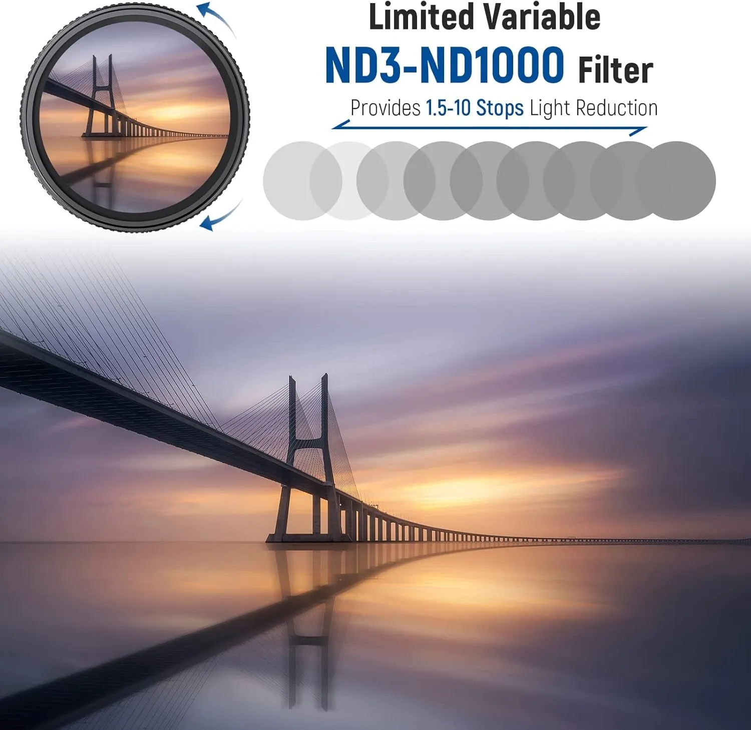 46mm Variable ND Filter ND3-ND1000, 1.5-10 Limited Stops Neutral Density Filter with HD Optical Glass & Double Sided 30 Layer Nano Coatings, Water Repellent/Scratch Resistant/Aluminum Frame