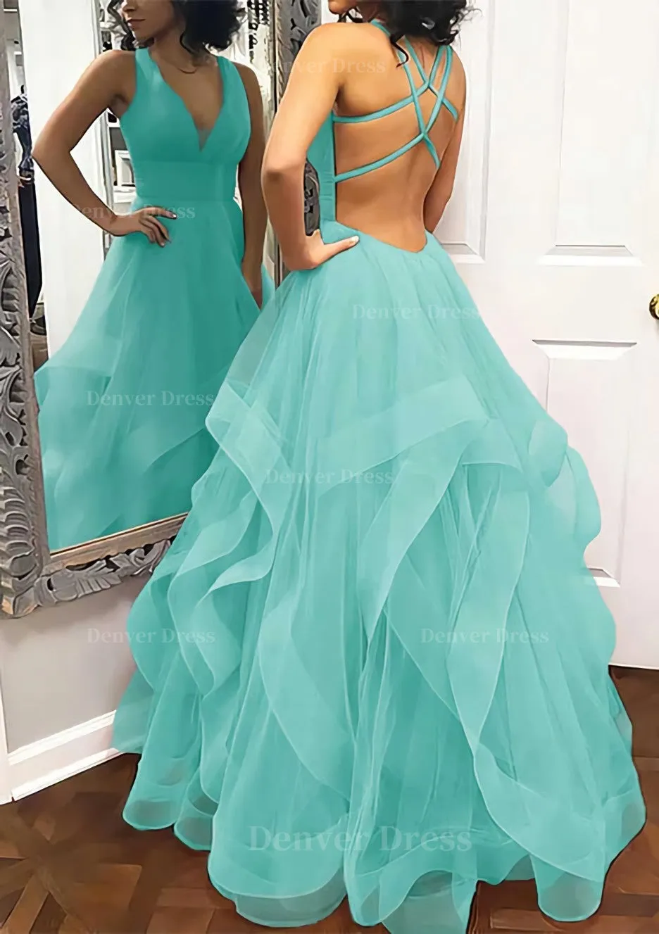 A-line Princess V Neck Sleeveless Tulle Long/Floor-Length Prom Dress With Pleated