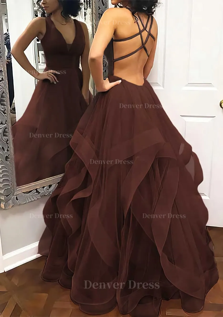 A-line Princess V Neck Sleeveless Tulle Long/Floor-Length Prom Dress With Pleated