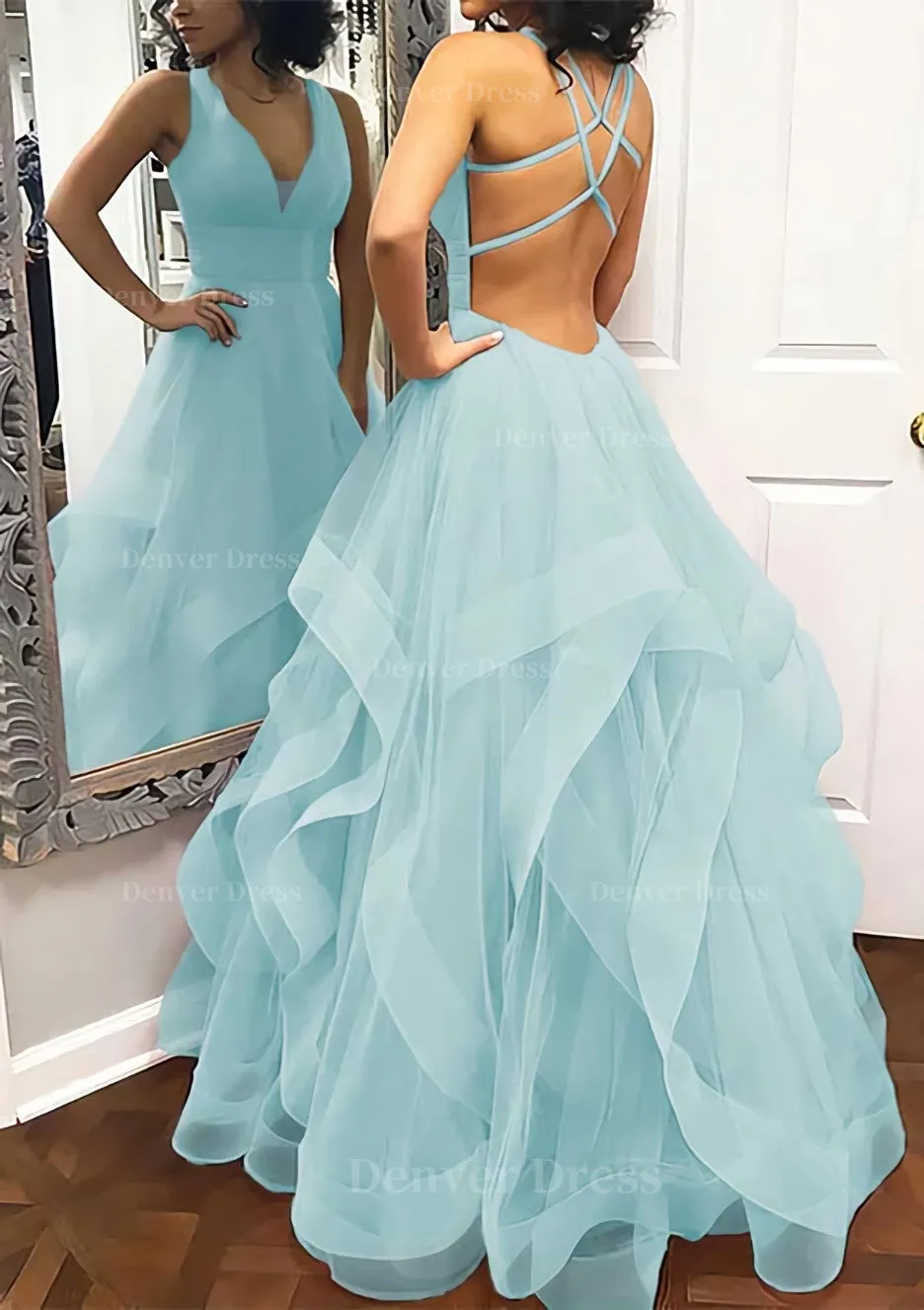 A-line Princess V Neck Sleeveless Tulle Long/Floor-Length Prom Dress With Pleated