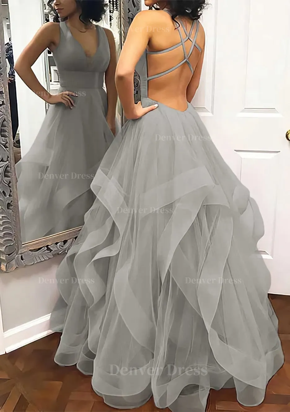 A-line Princess V Neck Sleeveless Tulle Long/Floor-Length Prom Dress With Pleated