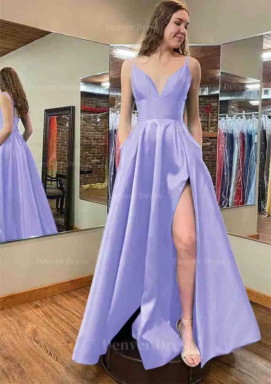 A-line V Neck Sleeveless Satin Long/Floor-Length Prom Dress With Pockets Split