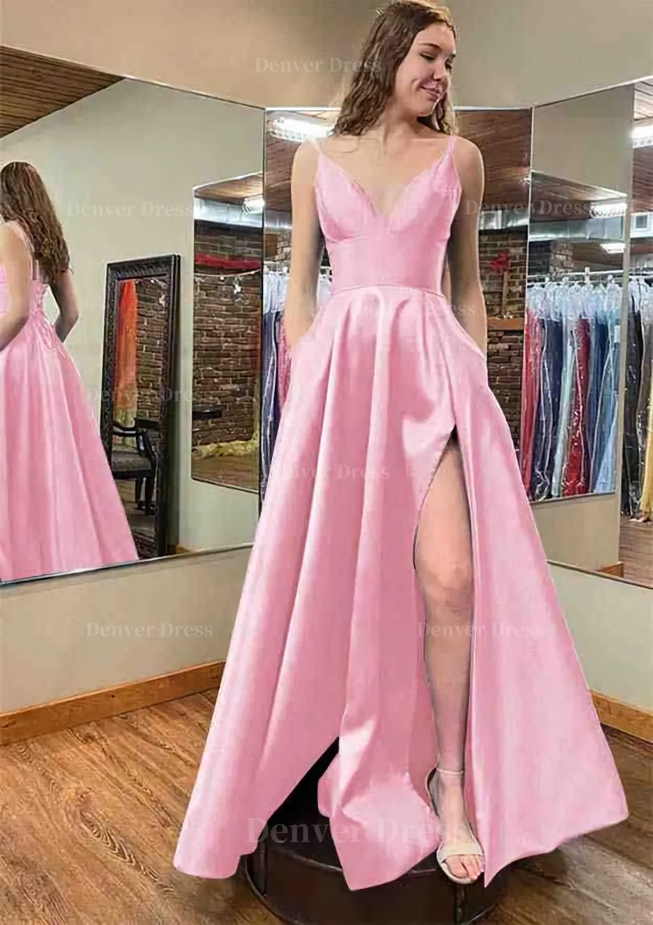 A-line V Neck Sleeveless Satin Long/Floor-Length Prom Dress With Pockets Split