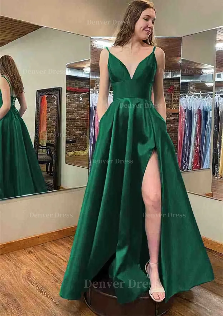 A-line V Neck Sleeveless Satin Long/Floor-Length Prom Dress With Pockets Split