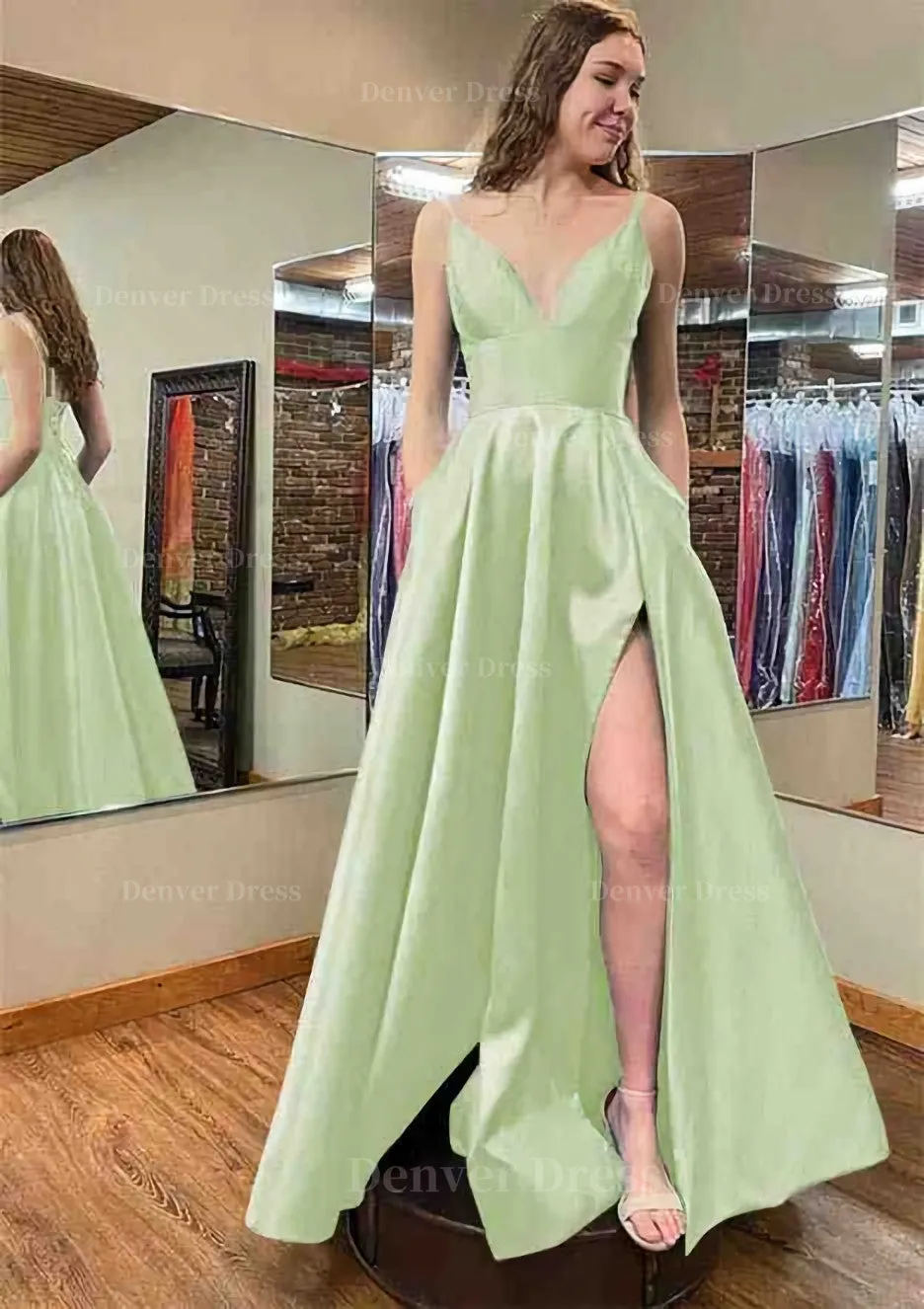 A-line V Neck Sleeveless Satin Long/Floor-Length Prom Dress With Pockets Split