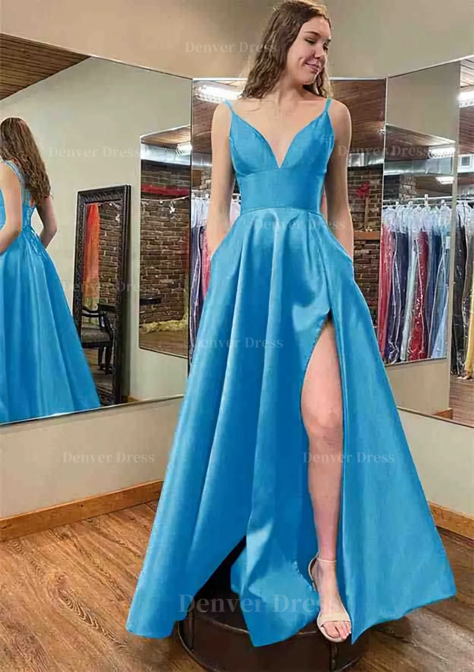 A-line V Neck Sleeveless Satin Long/Floor-Length Prom Dress With Pockets Split