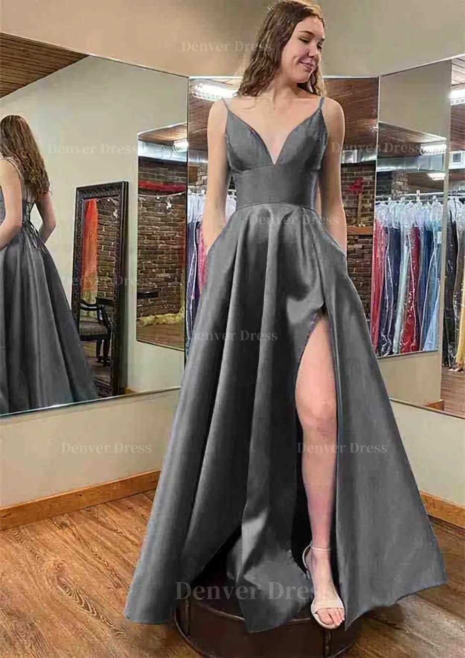 A-line V Neck Sleeveless Satin Long/Floor-Length Prom Dress With Pockets Split