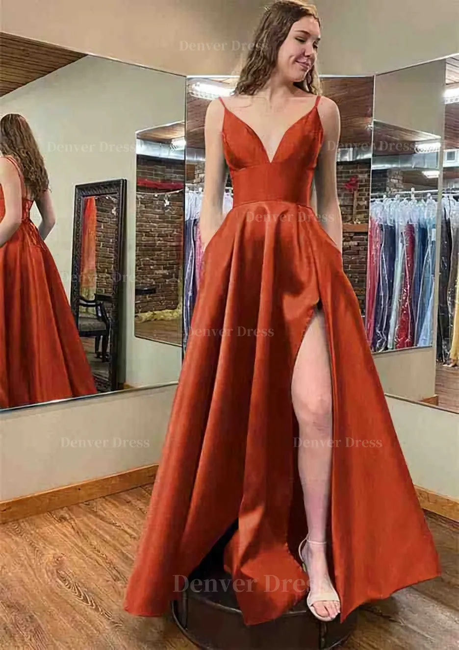 A-line V Neck Sleeveless Satin Long/Floor-Length Prom Dress With Pockets Split