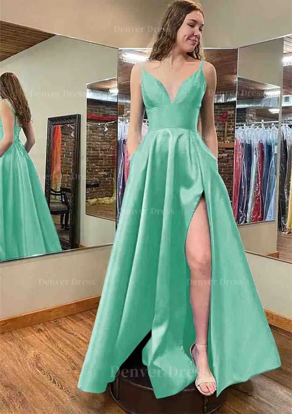 A-line V Neck Sleeveless Satin Long/Floor-Length Prom Dress With Pockets Split