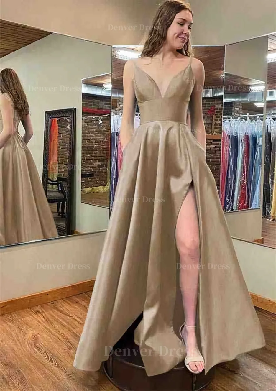 A-line V Neck Sleeveless Satin Long/Floor-Length Prom Dress With Pockets Split