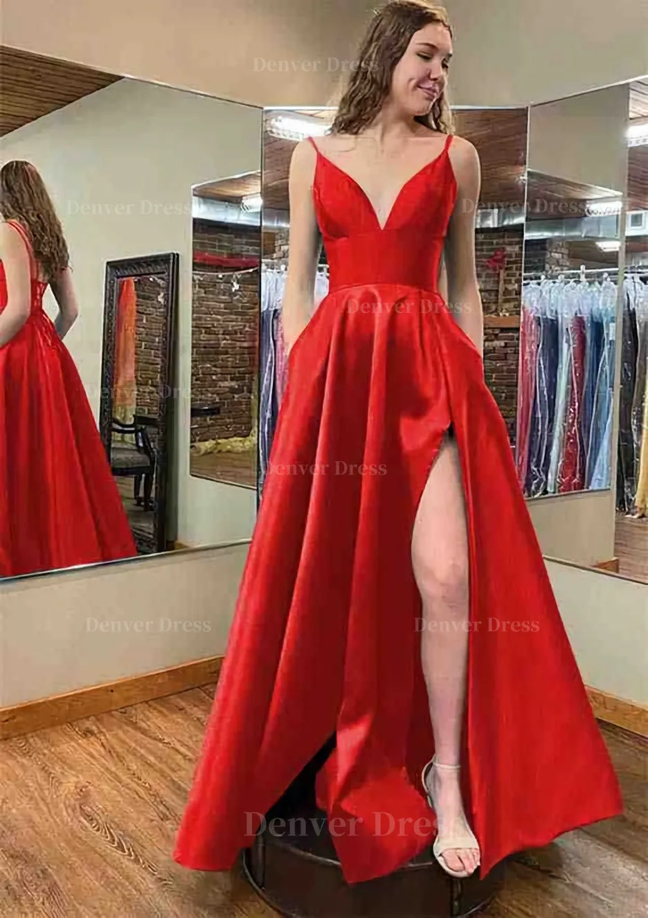 A-line V Neck Sleeveless Satin Long/Floor-Length Prom Dress With Pockets Split