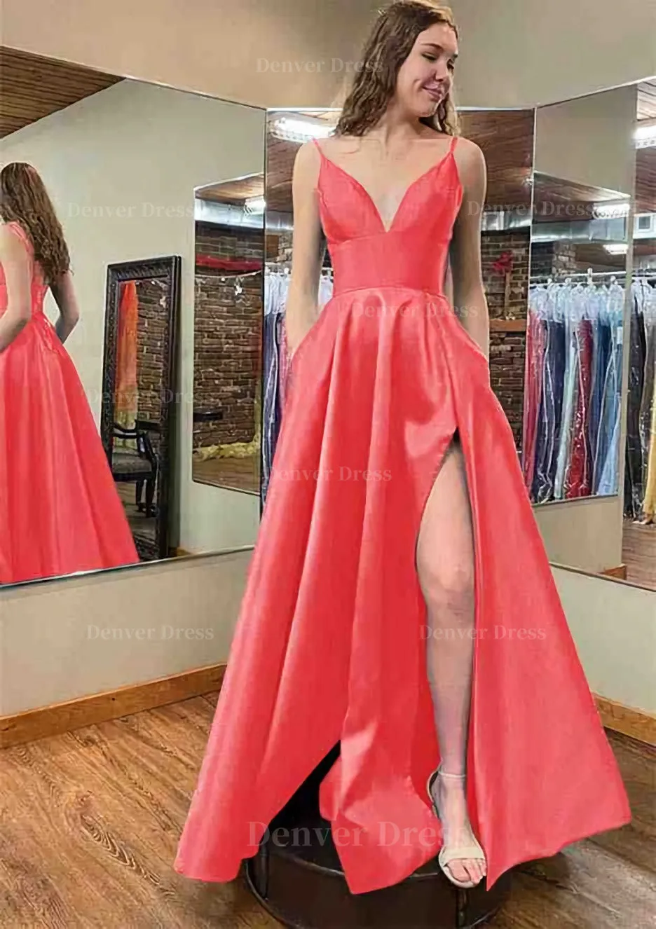 A-line V Neck Sleeveless Satin Long/Floor-Length Prom Dress With Pockets Split