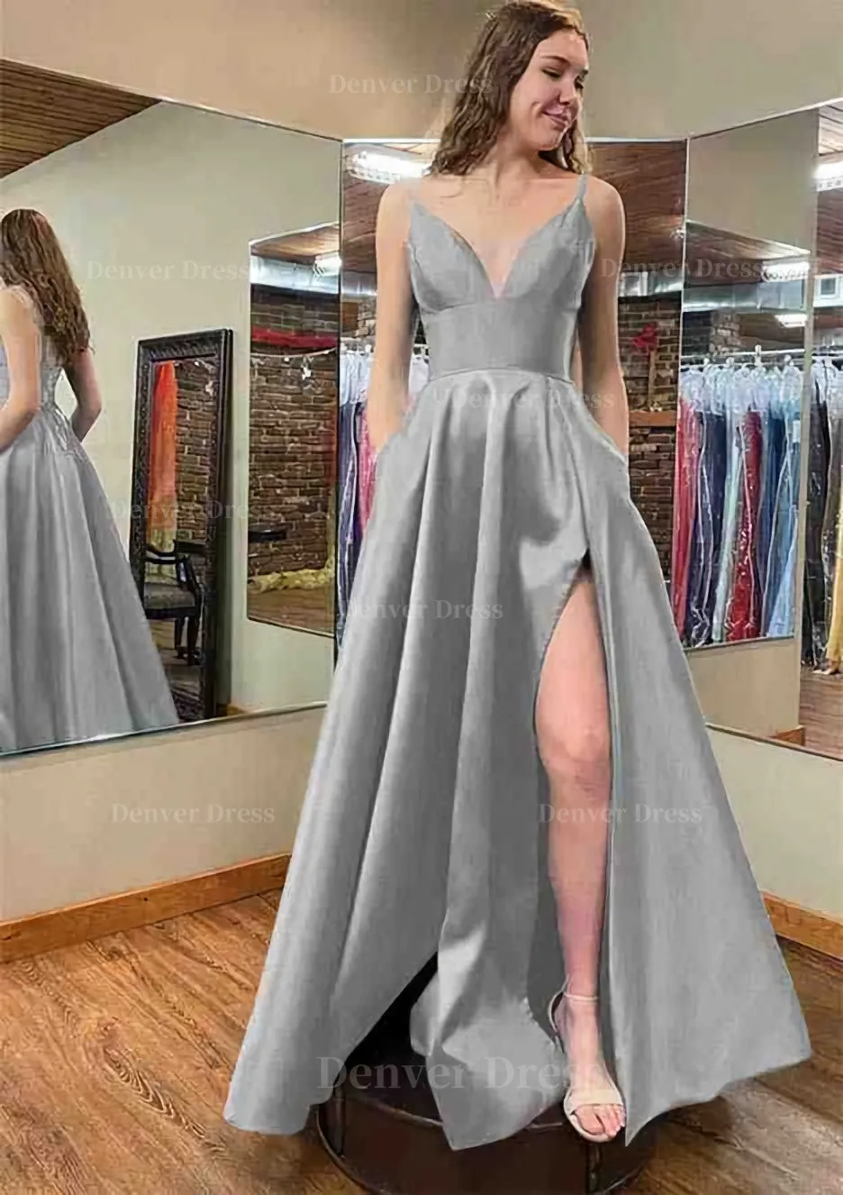 A-line V Neck Sleeveless Satin Long/Floor-Length Prom Dress With Pockets Split