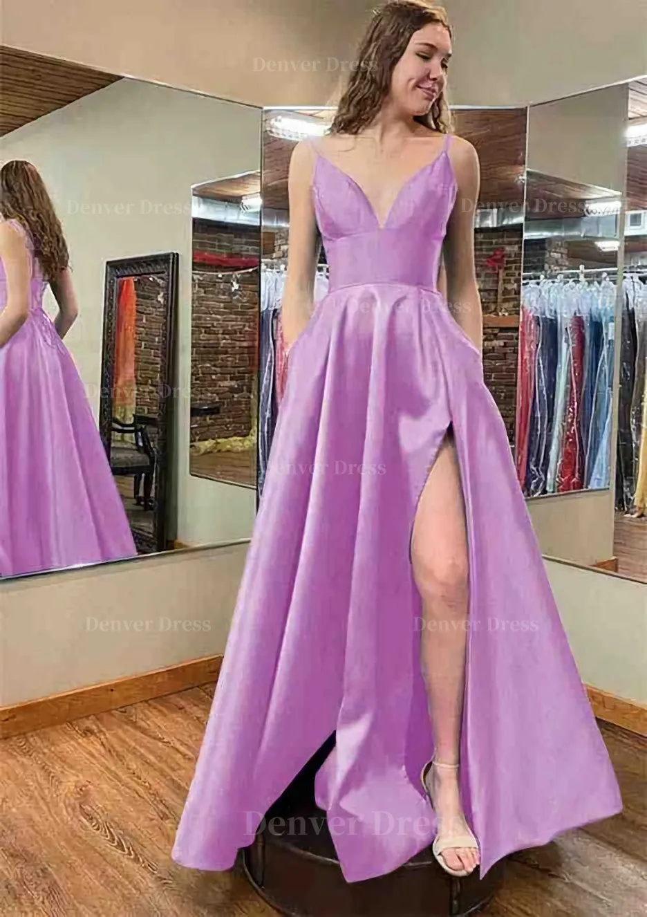 A-line V Neck Sleeveless Satin Long/Floor-Length Prom Dress With Pockets Split