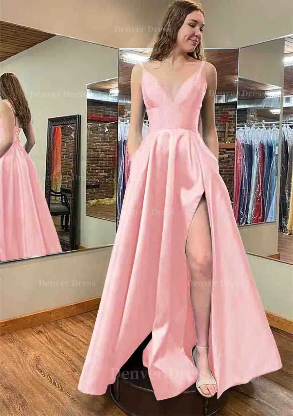 A-line V Neck Sleeveless Satin Long/Floor-Length Prom Dress With Pockets Split