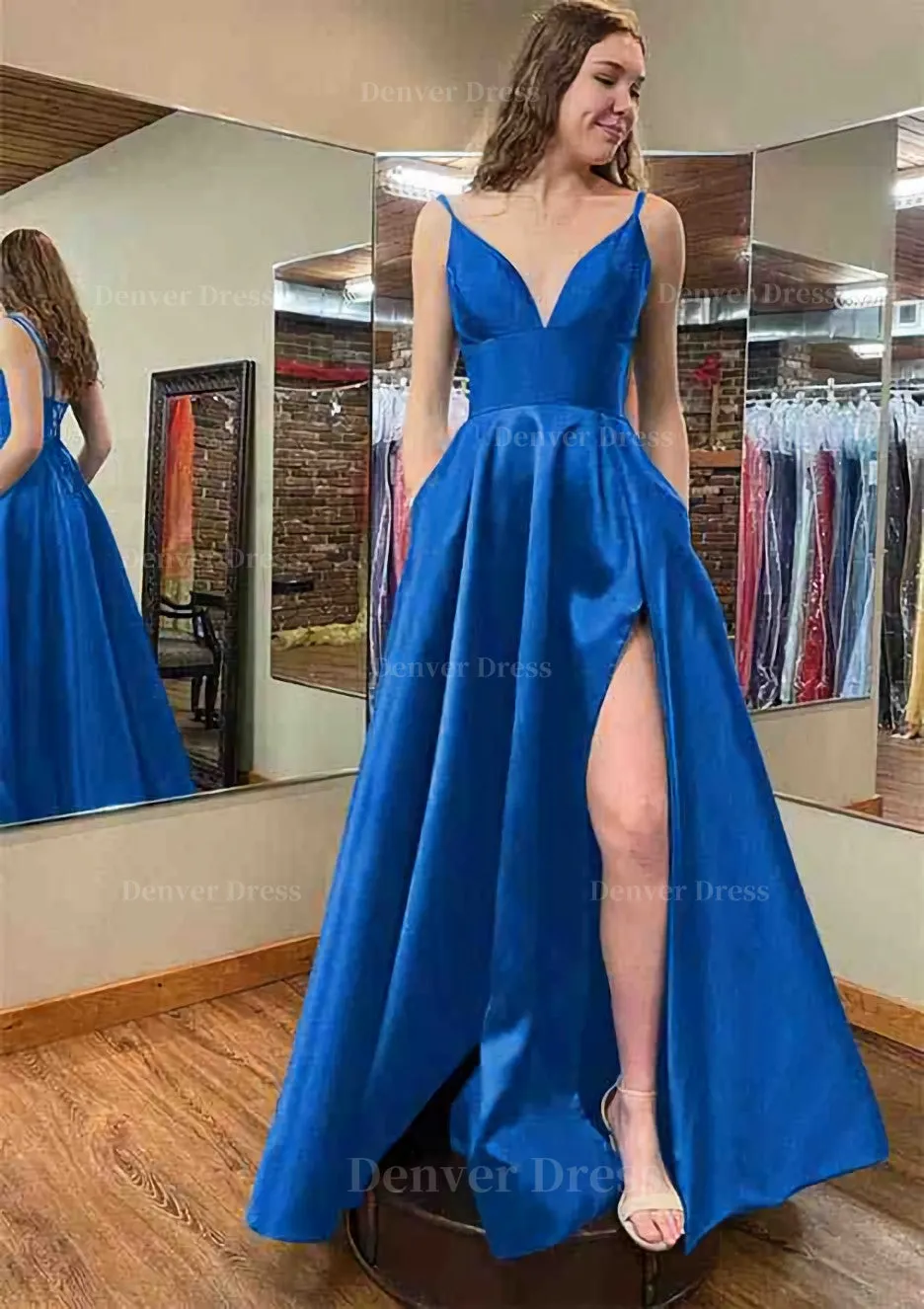 A-line V Neck Sleeveless Satin Long/Floor-Length Prom Dress With Pockets Split