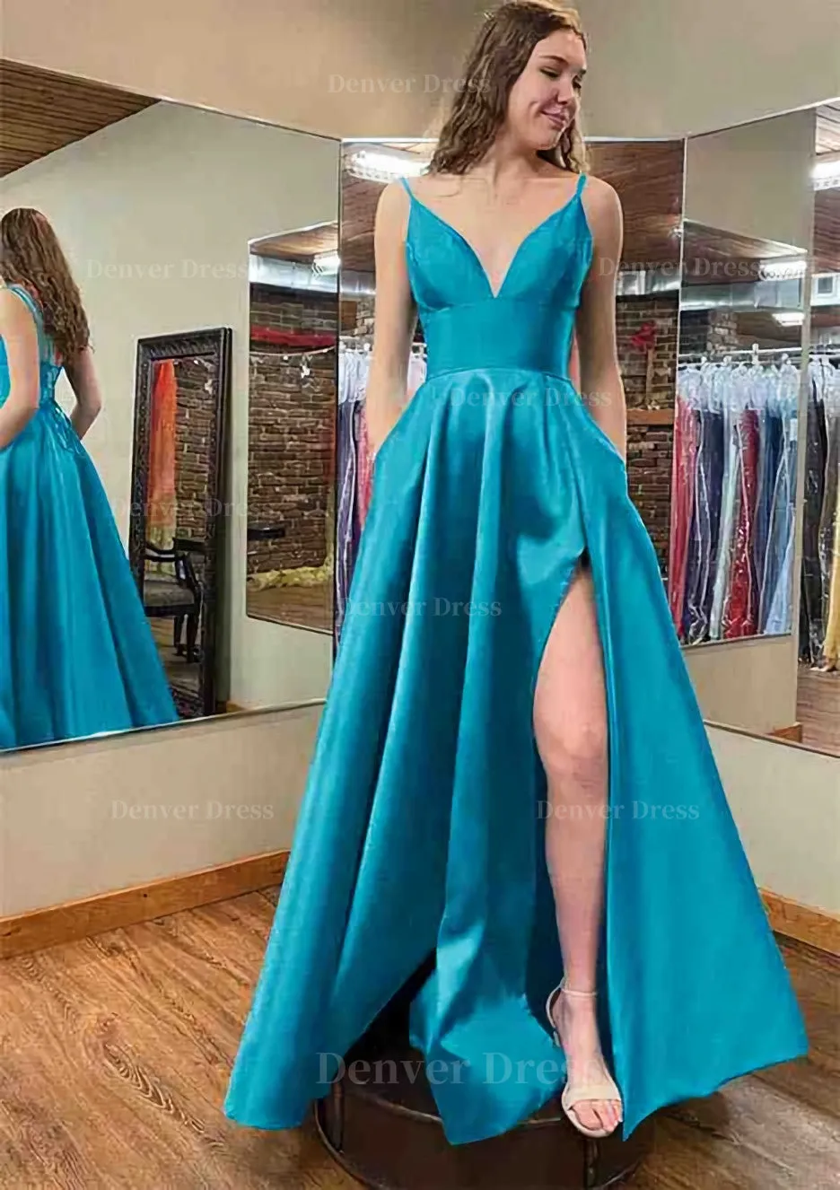 A-line V Neck Sleeveless Satin Long/Floor-Length Prom Dress With Pockets Split