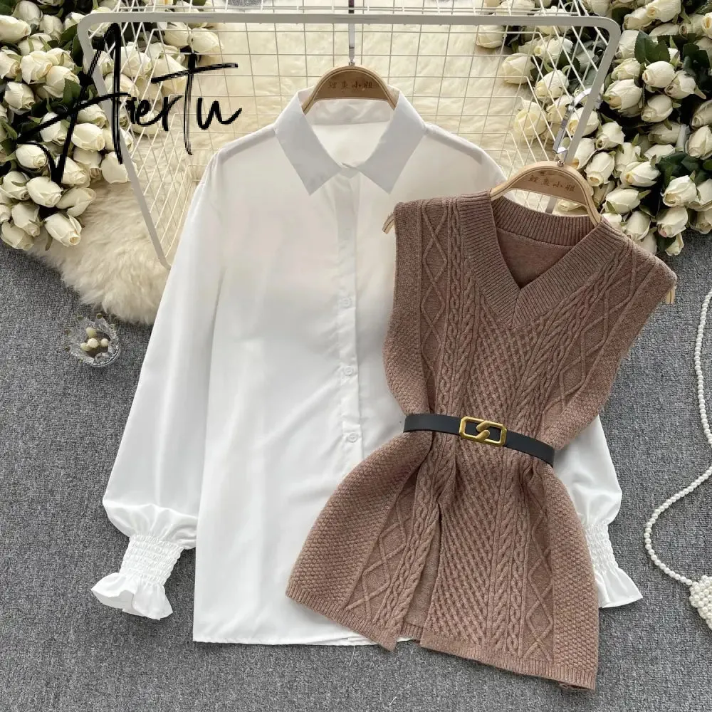 Aiertu  Office Lady Knitted Sweater Warm Thick Knit Vest Single Breasted Lantern Sleeve Blouse Women Pullover Shirt Suits