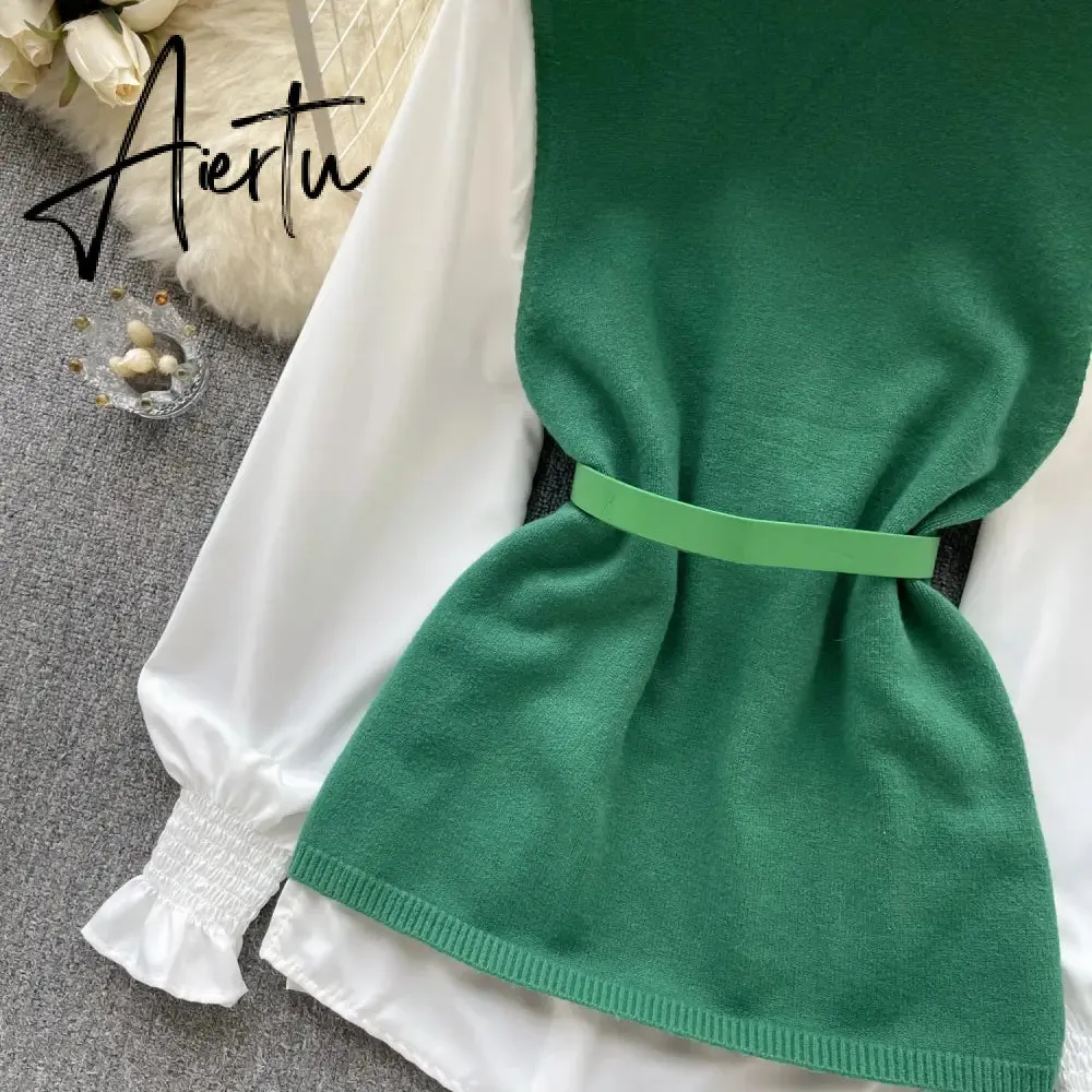 Aiertu  Office Lady Knitted Sweater Warm Thick Knit Vest Single Breasted Lantern Sleeve Blouse Women Pullover Shirt Suits