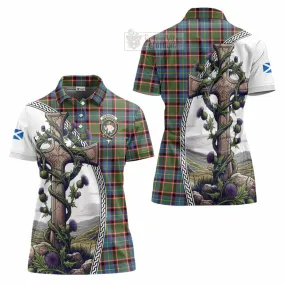 Aikenhead Tartan Women's Polo Shirt with Family Crest and St. Andrew's Cross Accented by Thistle Vines