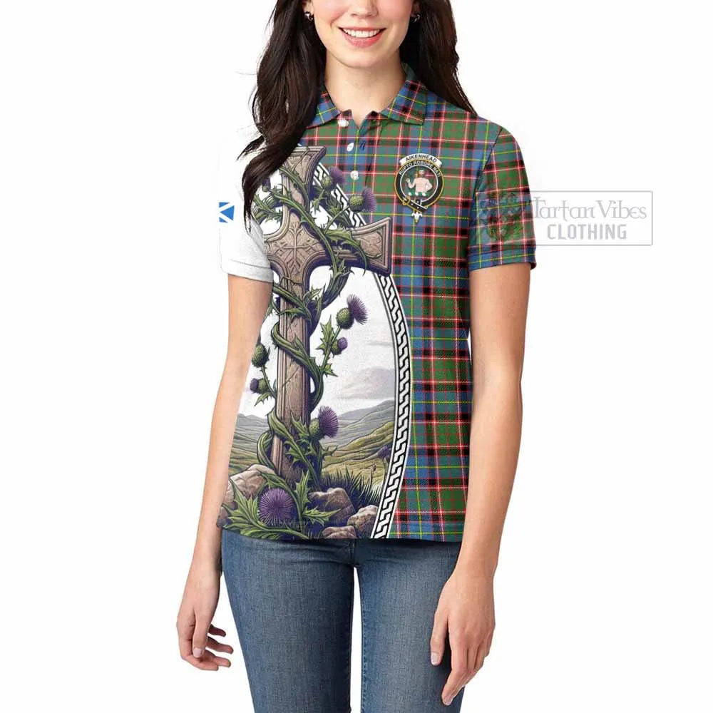 Aikenhead Tartan Women's Polo Shirt with Family Crest and St. Andrew's Cross Accented by Thistle Vines