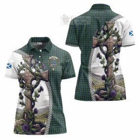 Arbuthnot Tartan Women's Polo Shirt with Family Crest and St. Andrew's Cross Accented by Thistle Vines