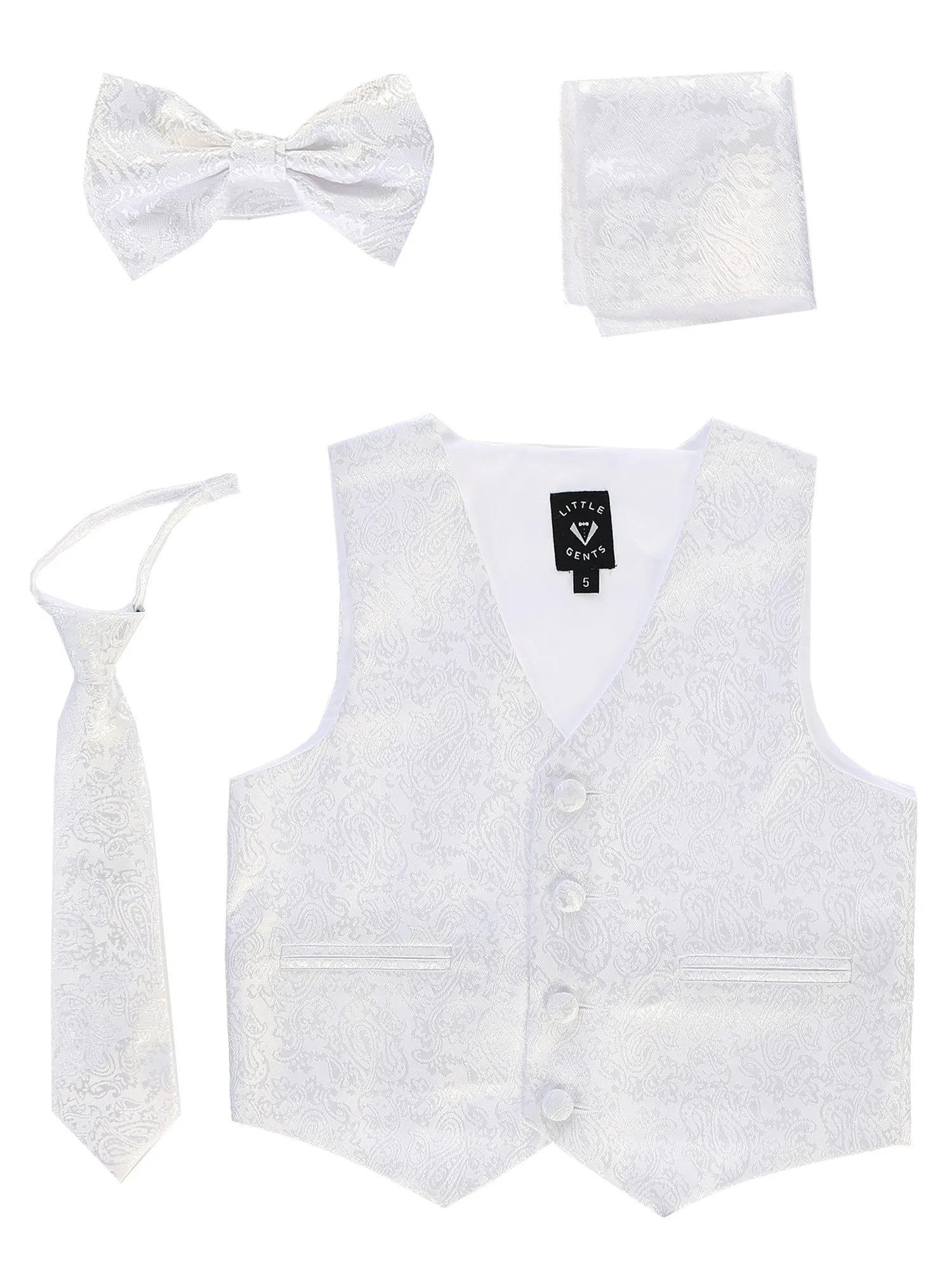 Baby Boys White Paisley Satin Vest Zipper Tie Hanky Bowtie Set 3-24M