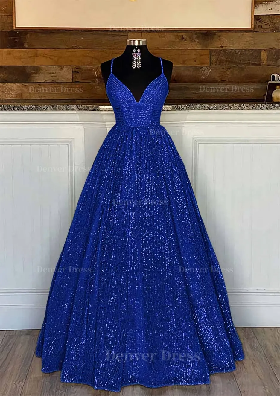 Ball Gown Sleeveless V Neck Long/Floor-Length Sequined Sparkling Prom Dress With Pleated