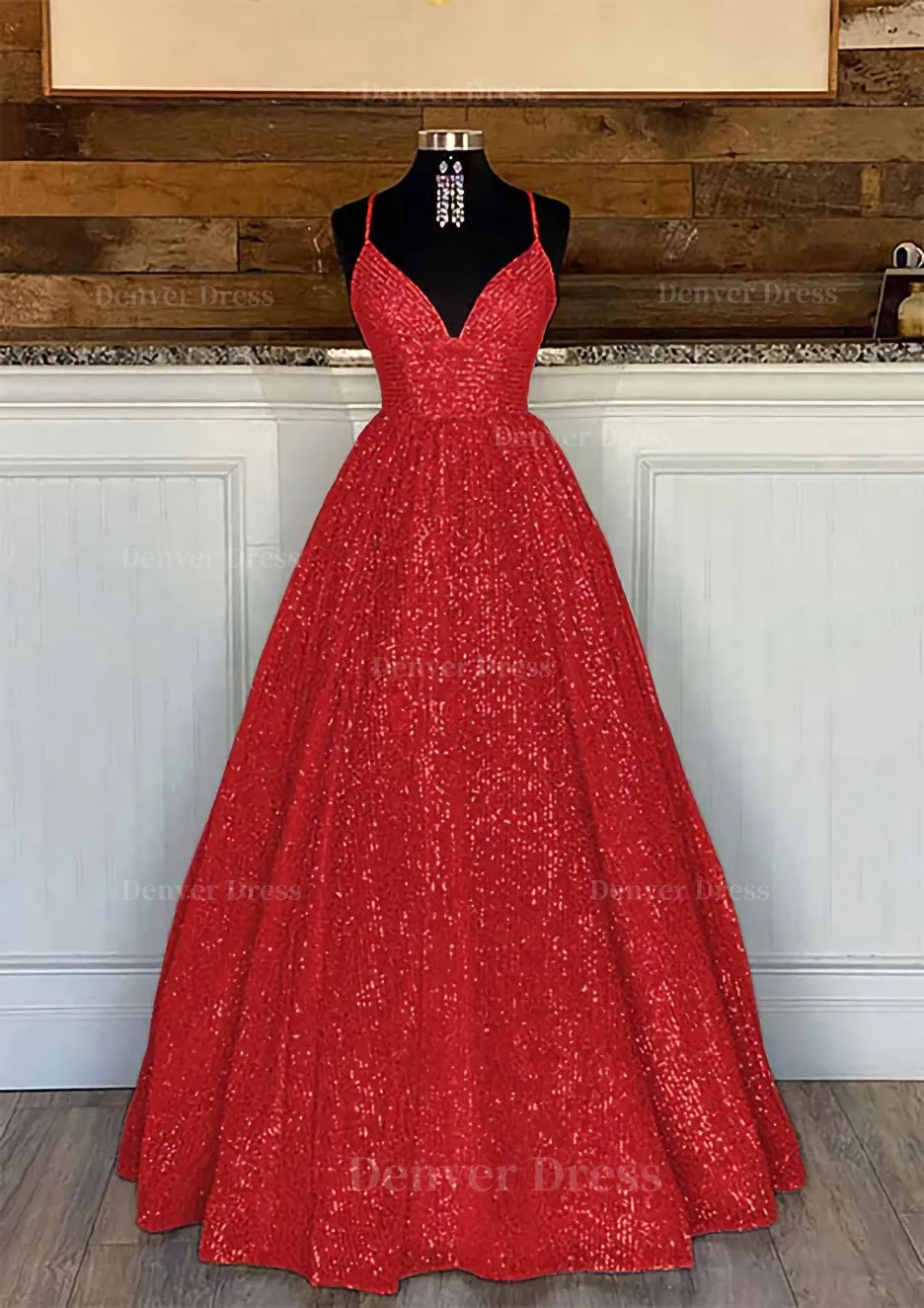 Ball Gown Sleeveless V Neck Long/Floor-Length Sequined Sparkling Prom Dress With Pleated