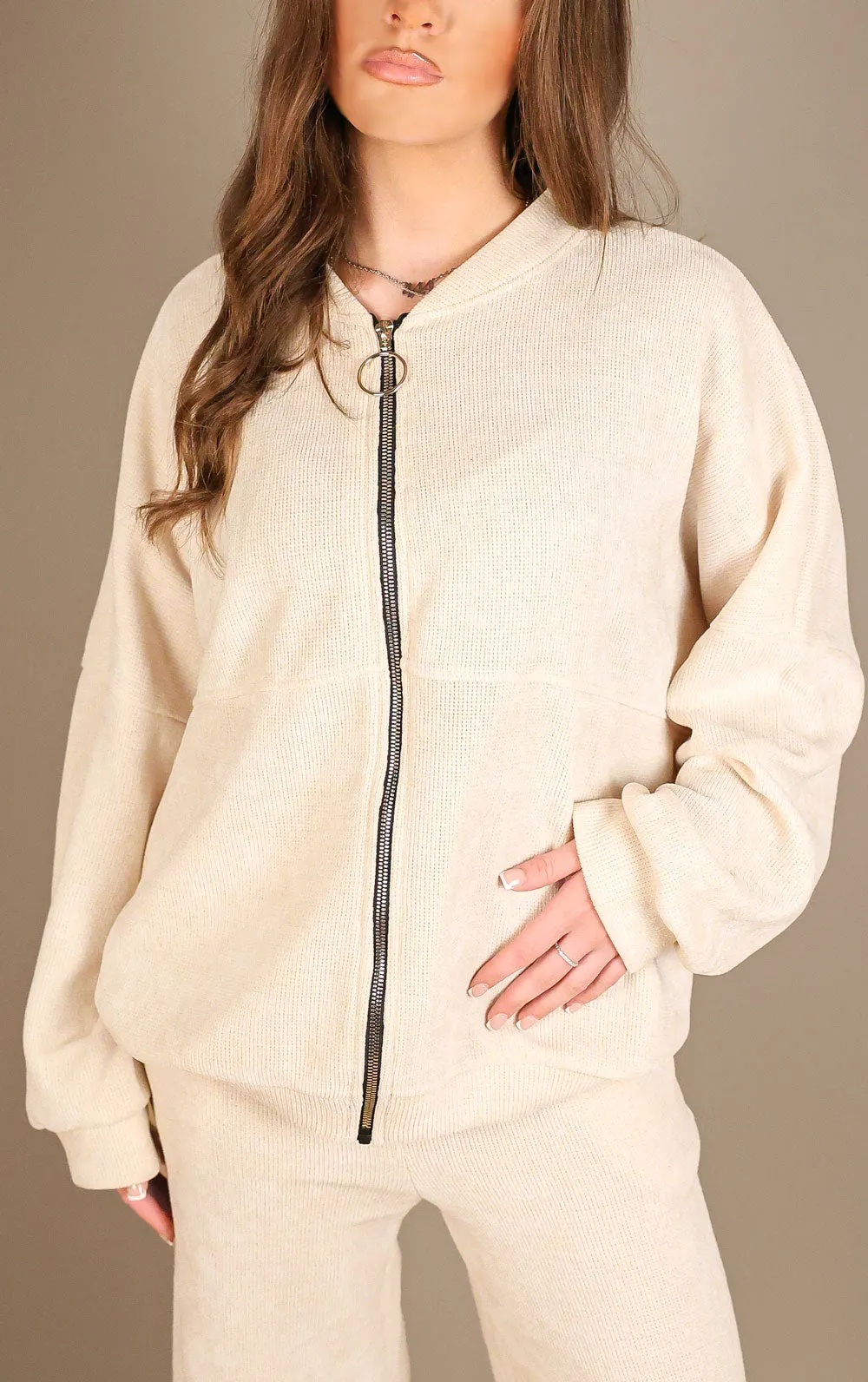 Beige Straight Leg Trouser and Zip Up Hoodie Loungewear Co-Ord