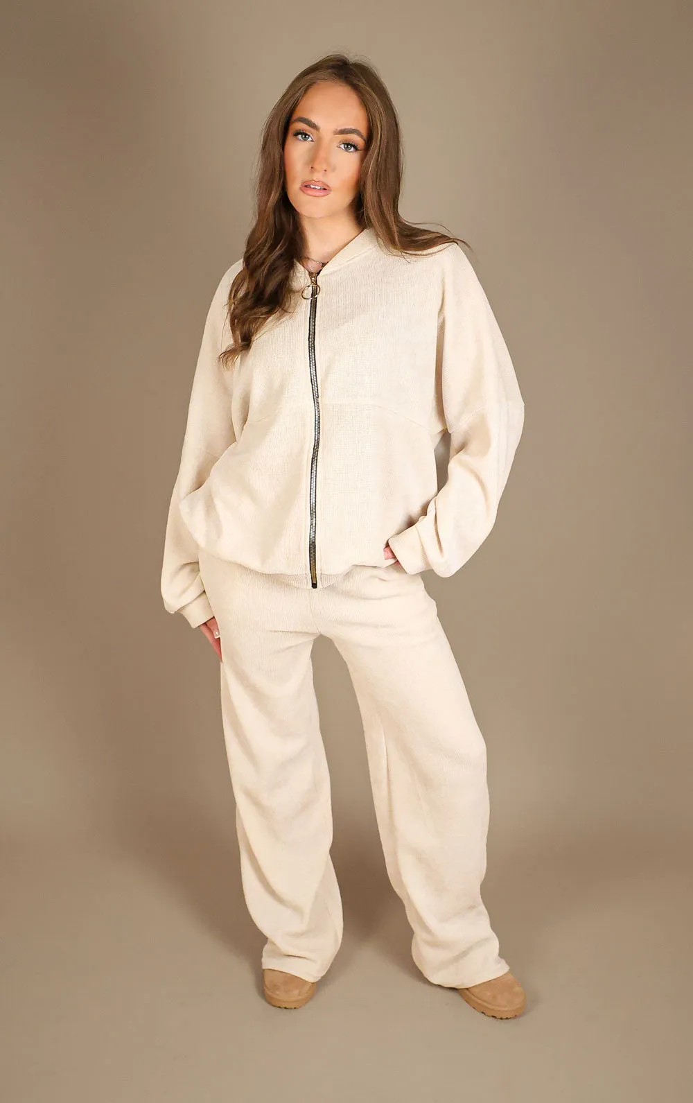 Beige Straight Leg Trouser and Zip Up Hoodie Loungewear Co-Ord