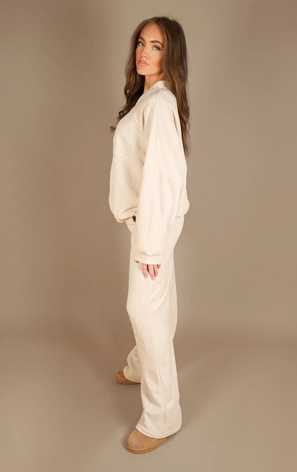 Beige Straight Leg Trouser and Zip Up Hoodie Loungewear Co-Ord