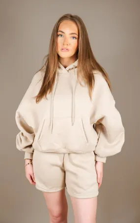 Beige Tracksuit Ruched Hoodie and Shorts Set