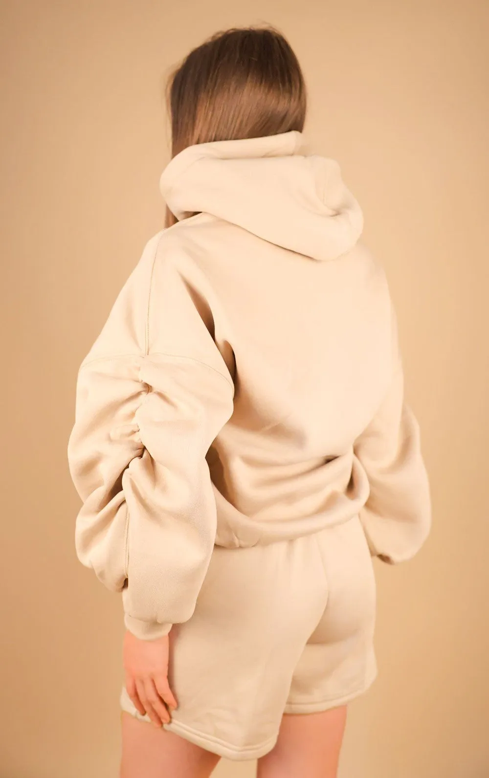 Beige Tracksuit Ruched Hoodie and Shorts Set