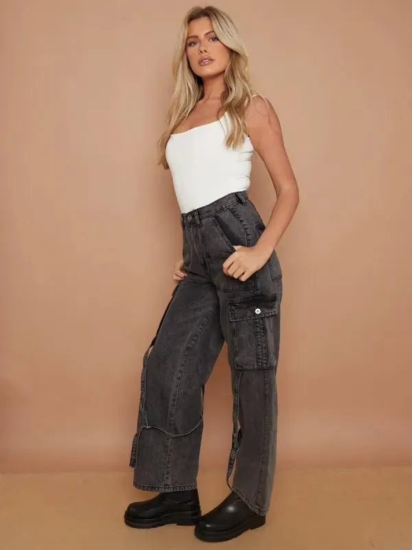 Black  DINO High Waist Wide Leg Cargo Jeans