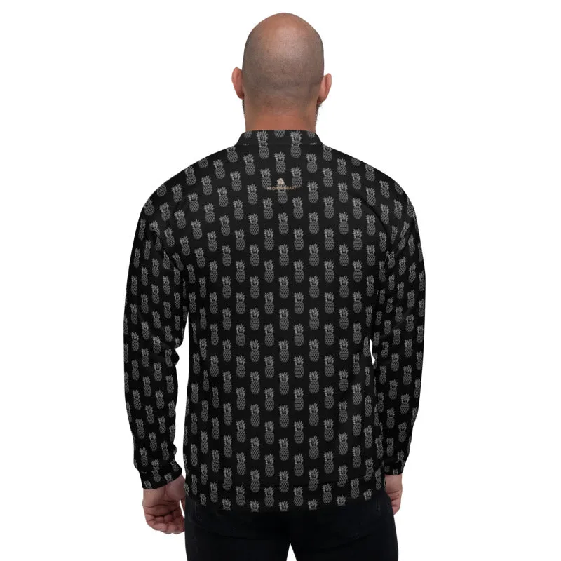 Black Pineapple Bomber Jacket, Modern Unisex Jacket For Men/Women With Pockets - Made in USA/ MX/ EU