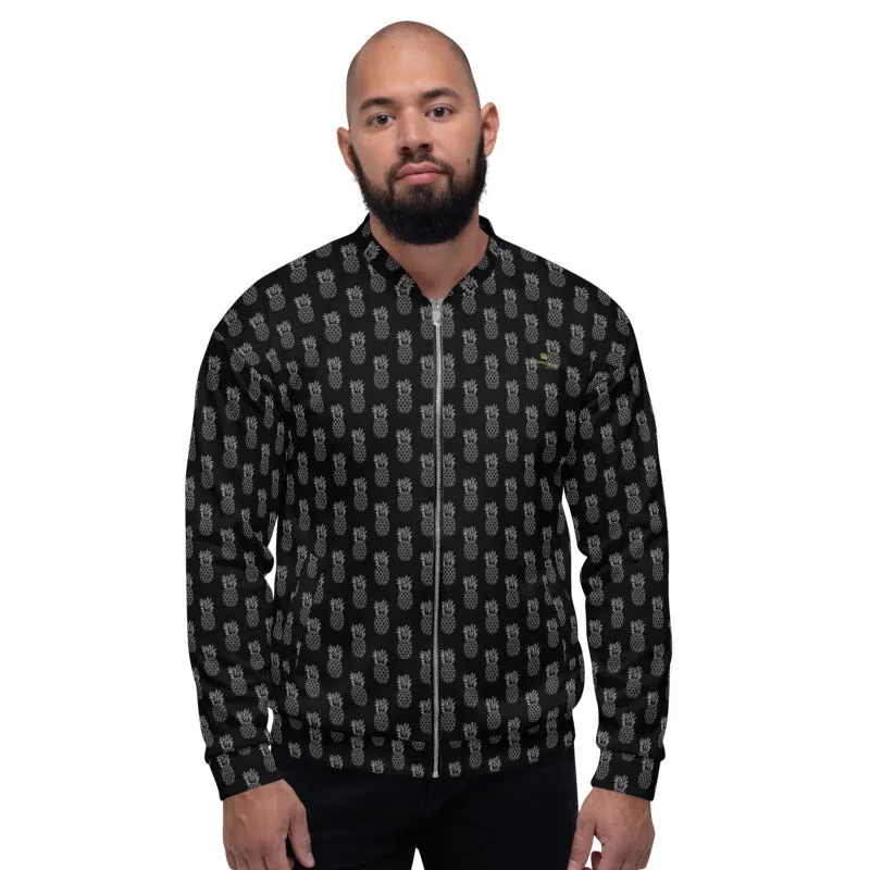 Black Pineapple Bomber Jacket, Modern Unisex Jacket For Men/Women With Pockets - Made in USA/ MX/ EU