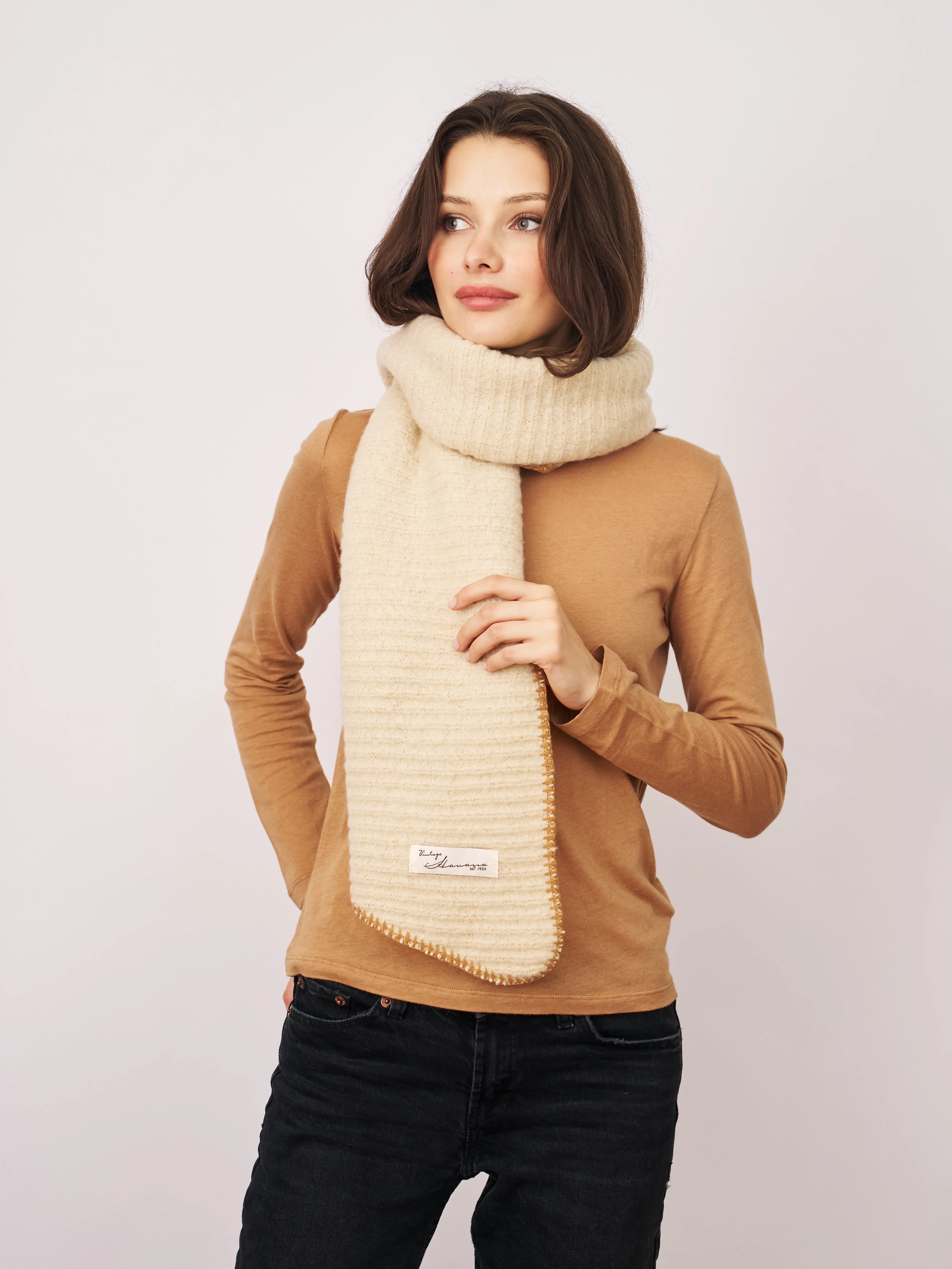 BLANKET STITCH KNIT SCARF - IVORY/WHEAT