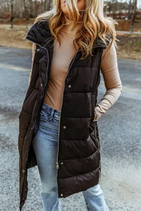 Bohemian Black Longline Hooded Sleeveless Puffer Vest