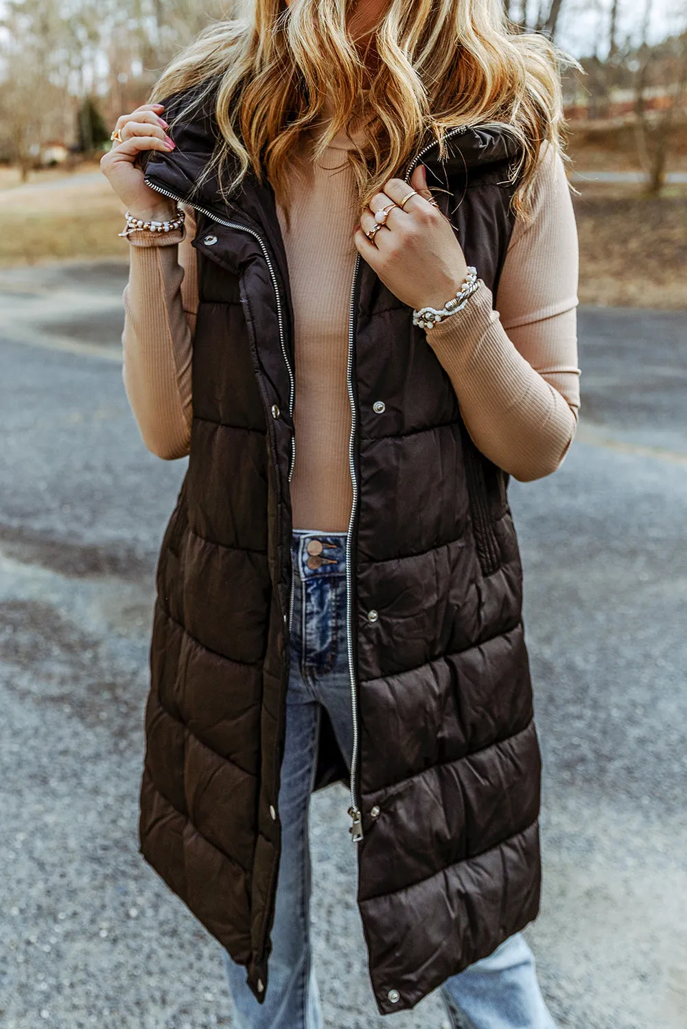 Bohemian Black Longline Hooded Sleeveless Puffer Vest