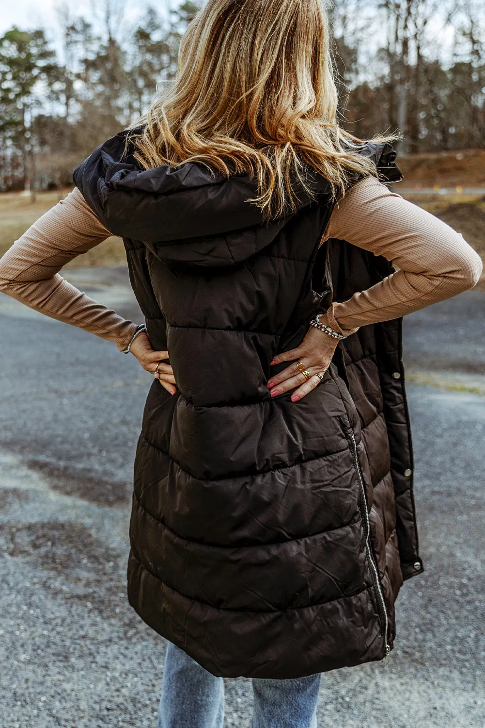 Bohemian Black Longline Hooded Sleeveless Puffer Vest