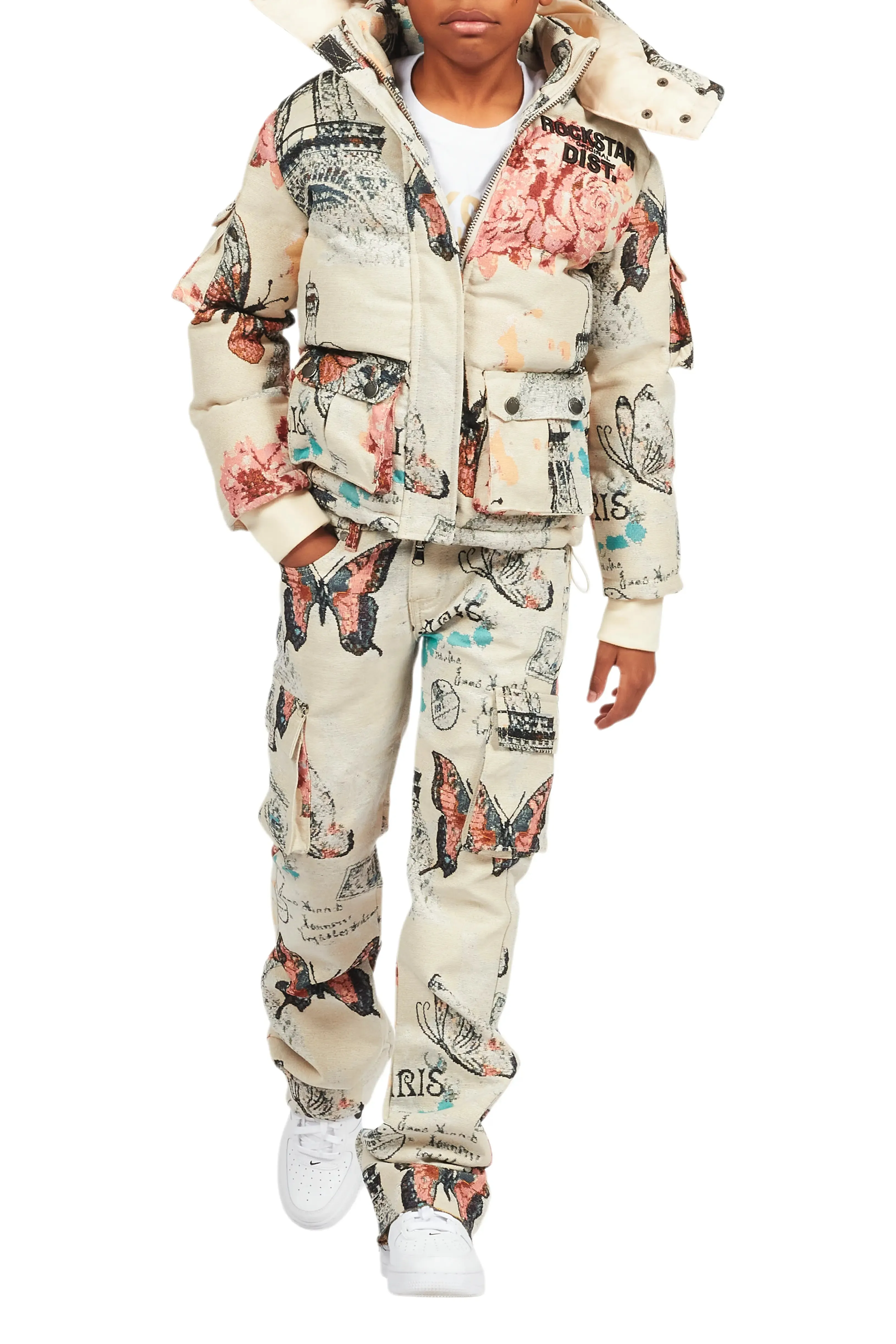 Boys Lamont Beige Multi Tapestry Puffer Jacket/Flare Jean Set