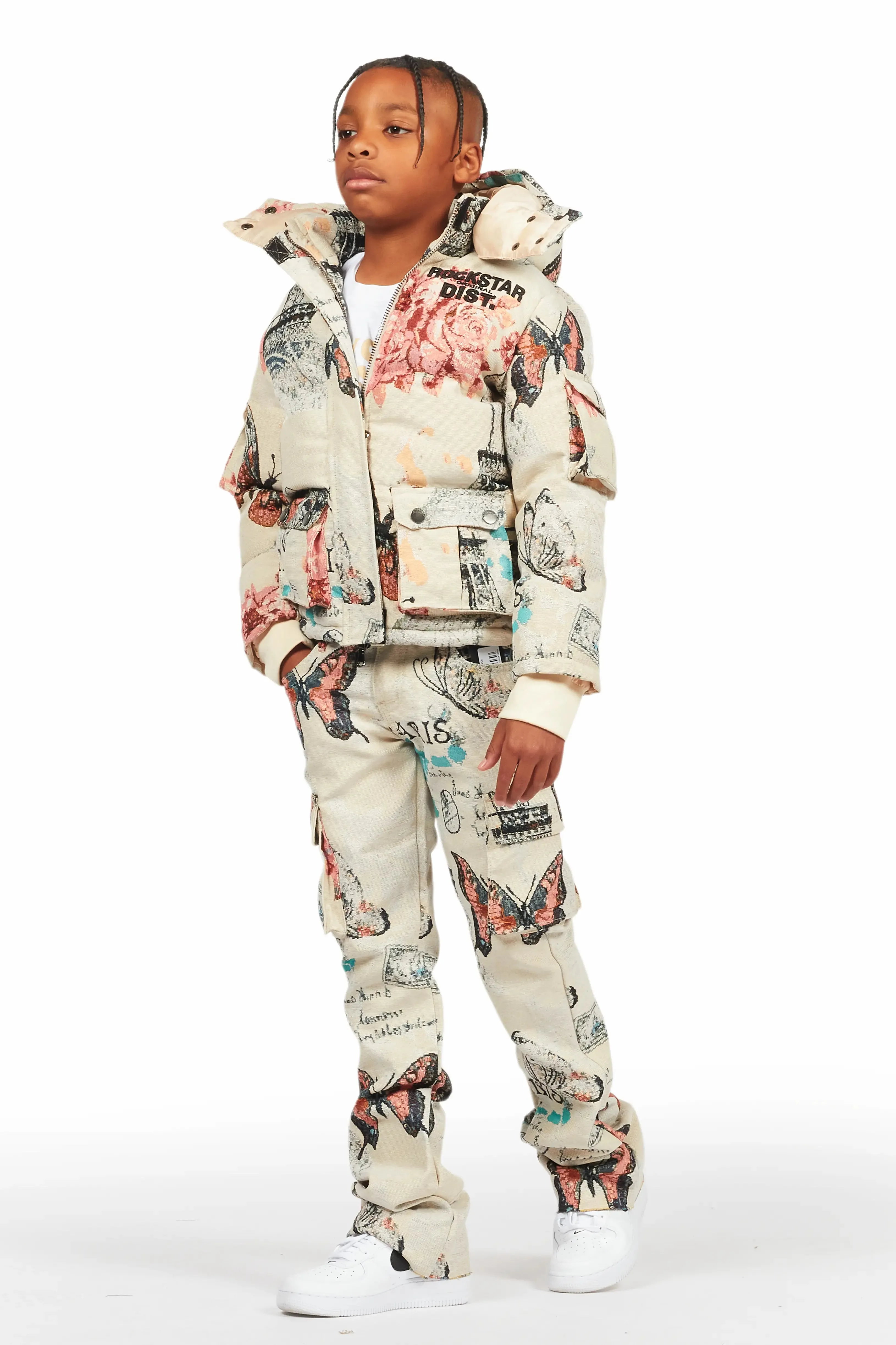 Boys Lamont Beige Multi Tapestry Puffer Jacket/Flare Jean Set