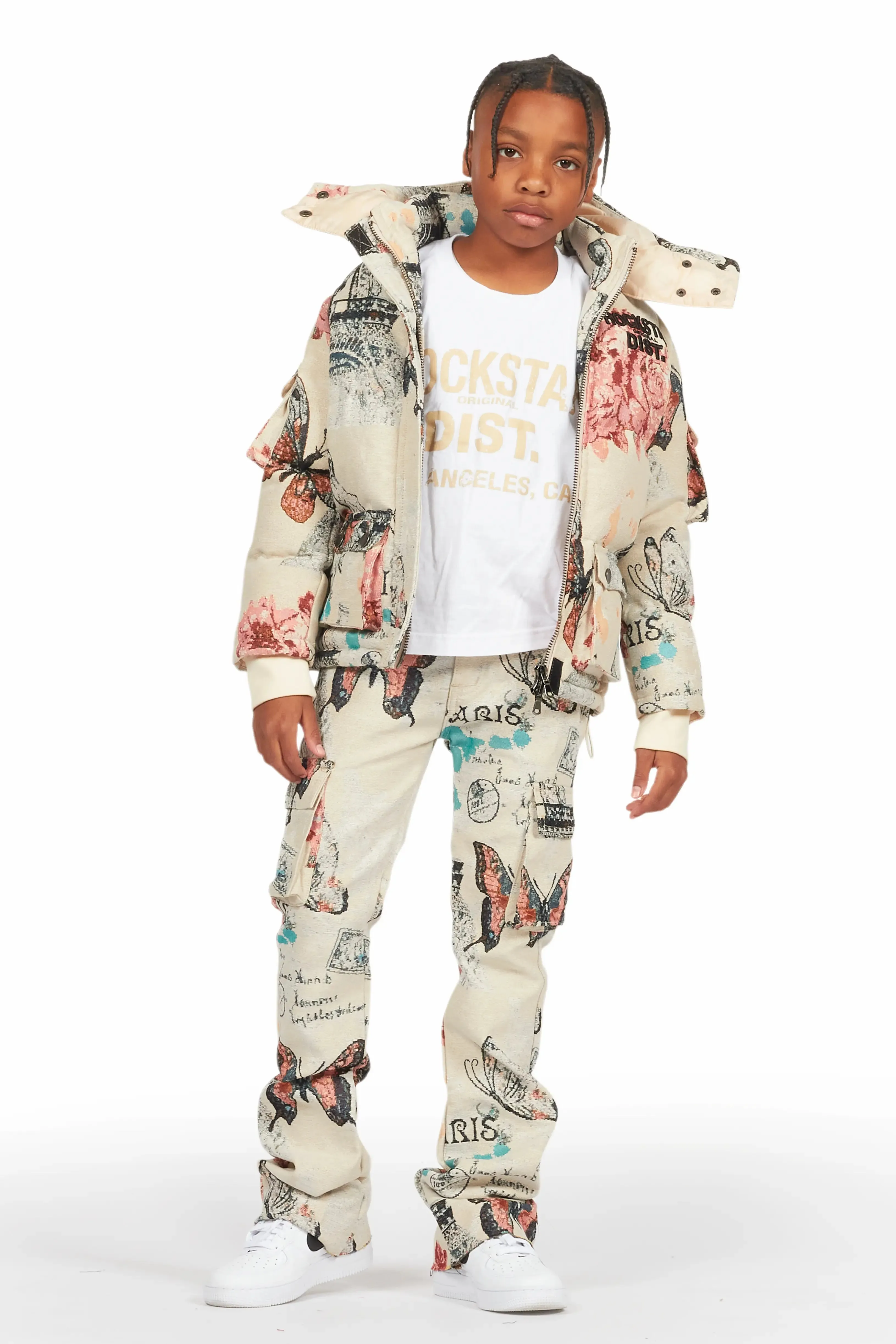 Boys Lamont Beige Multi Tapestry Puffer Jacket/Flare Jean Set