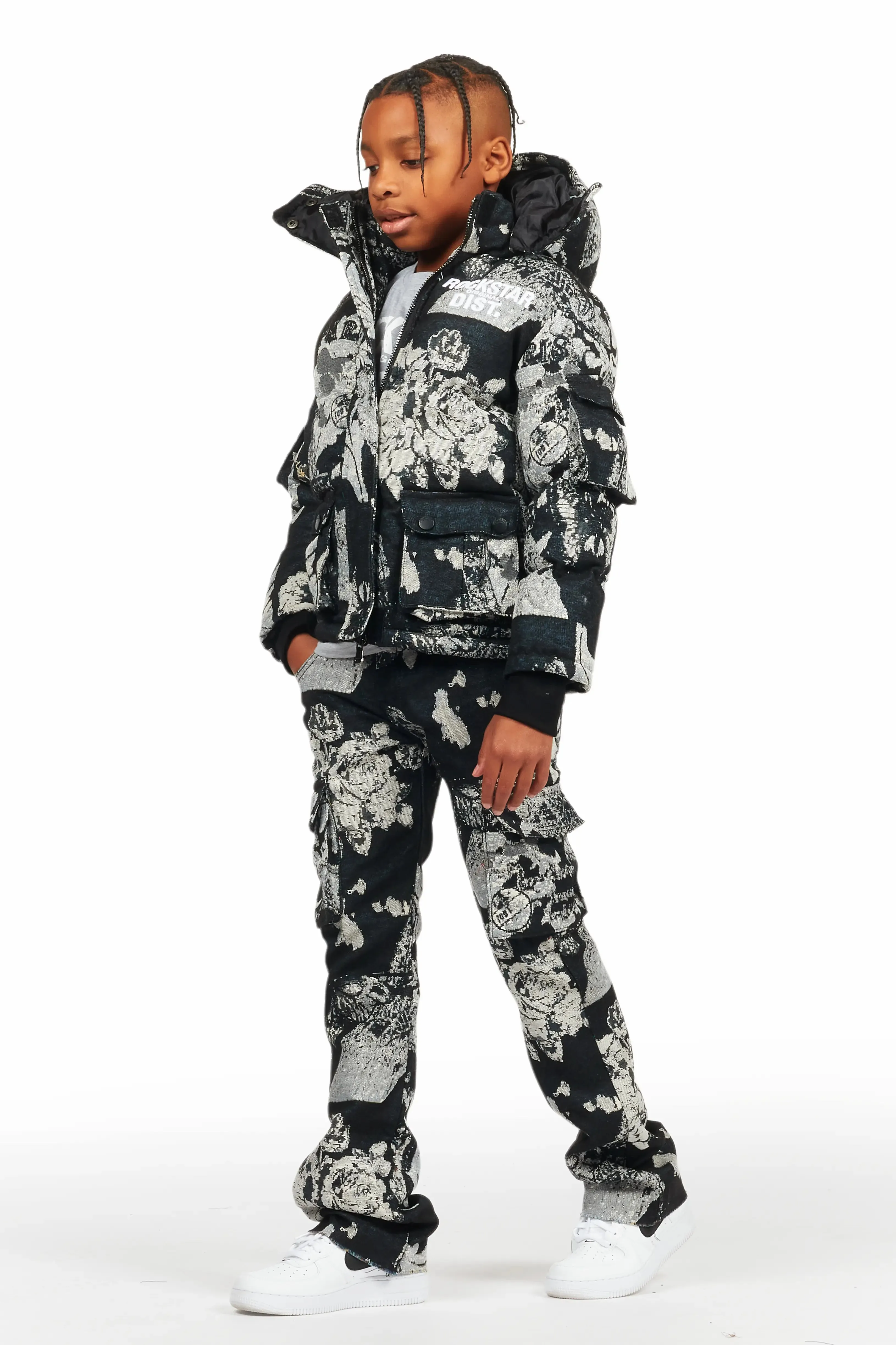 Boys Lamont Black Tapestry Puffer Jacket/Flare Jean Set