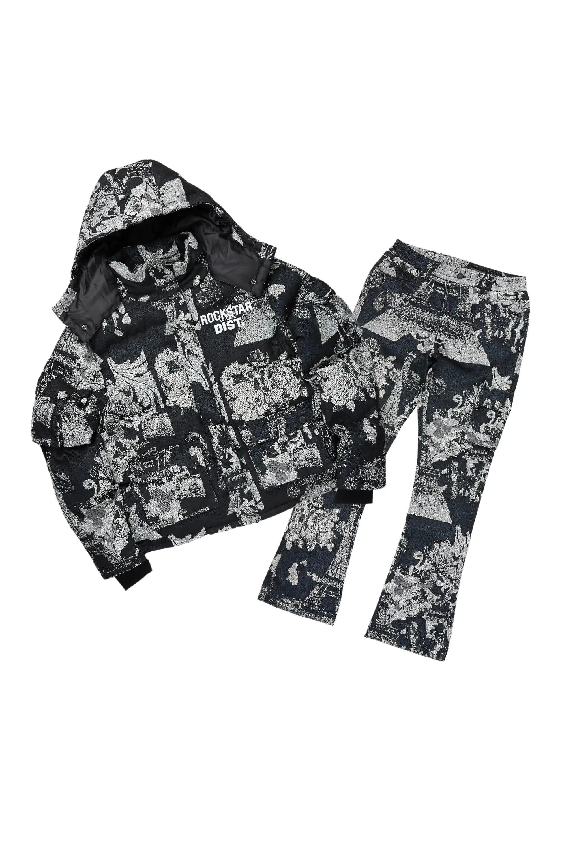 Boys Lamont Black Tapestry Puffer Jacket/Flare Jean Set