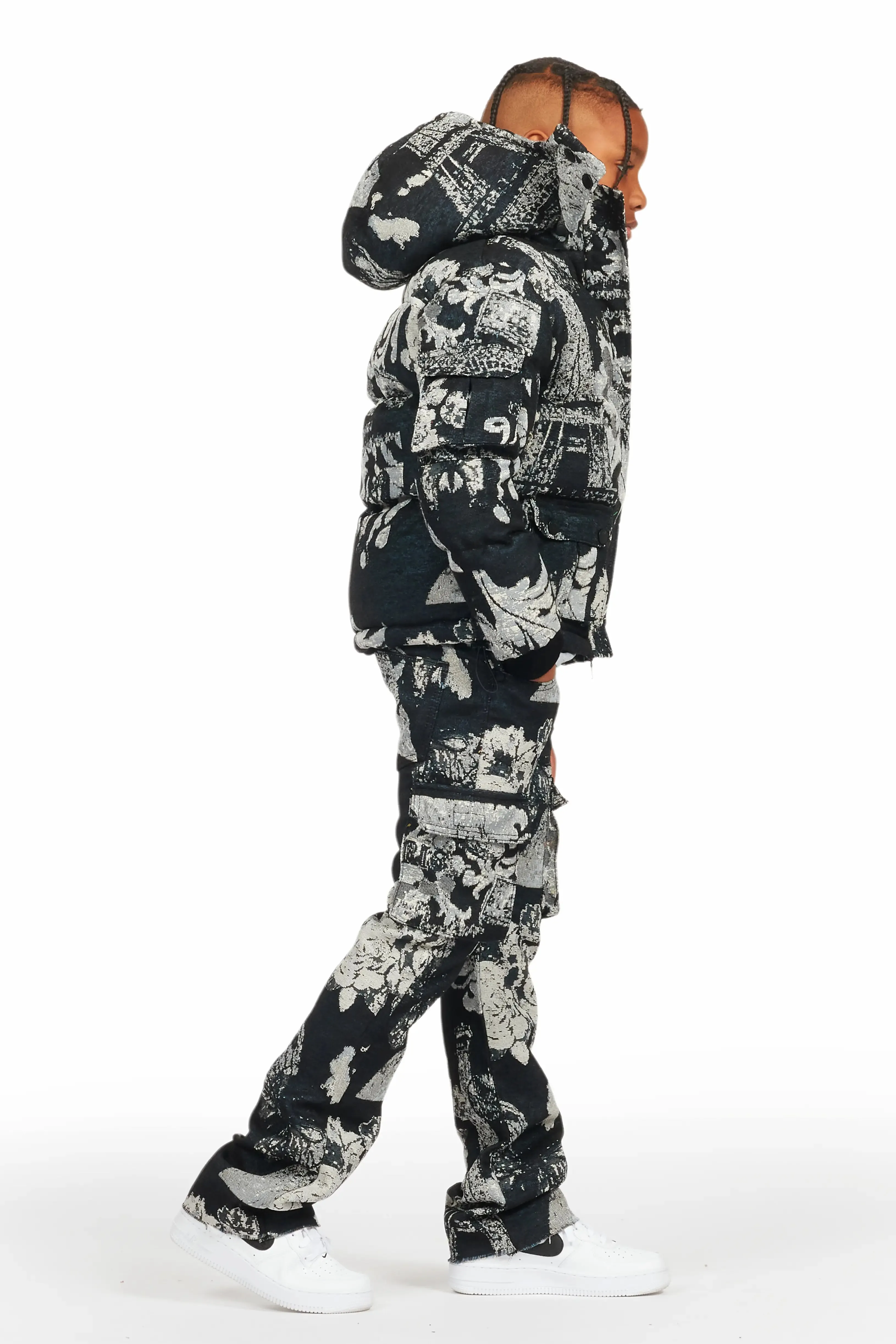 Boys Lamont Black Tapestry Puffer Jacket/Flare Jean Set