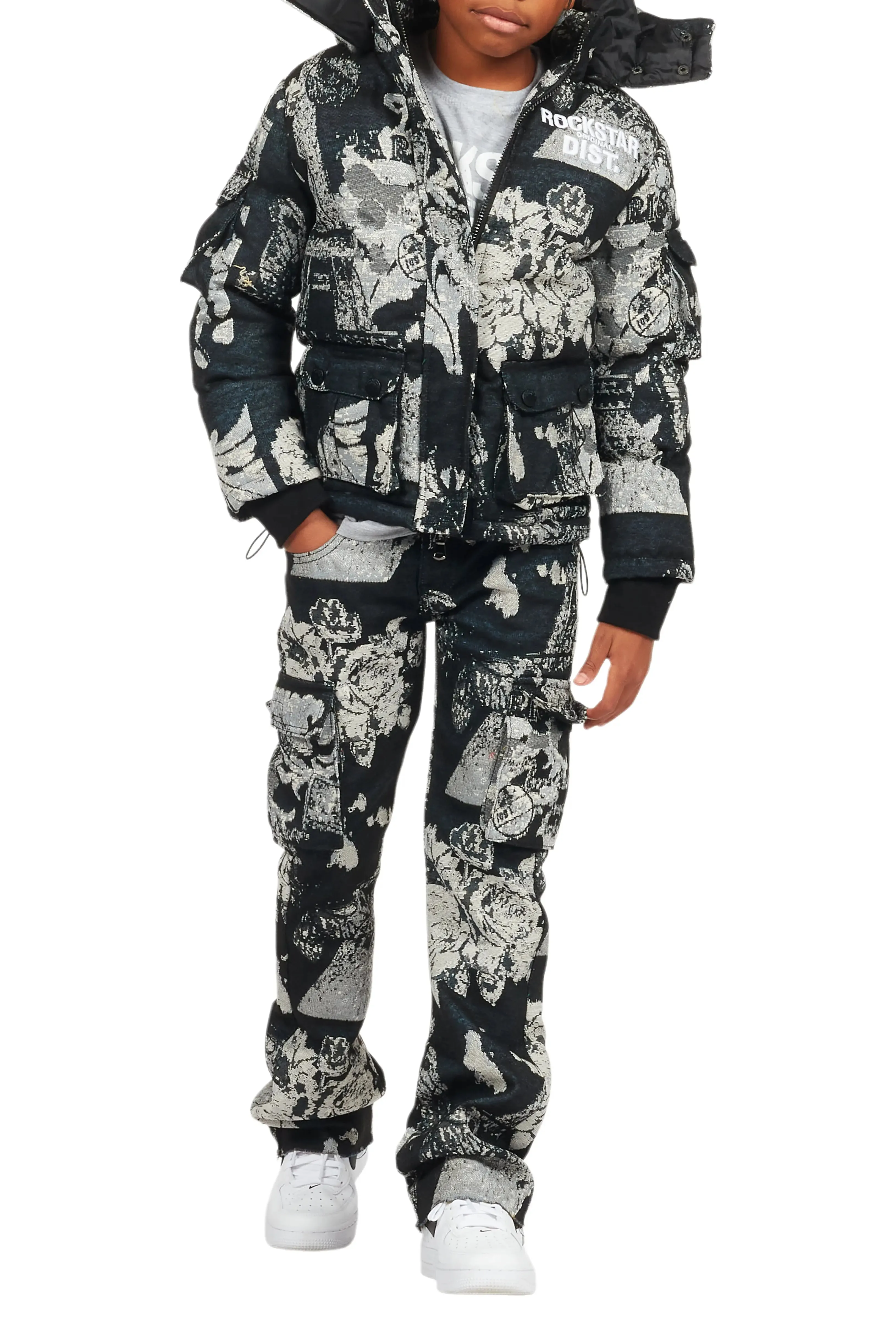 Boys Lamont Black Tapestry Puffer Jacket/Flare Jean Set