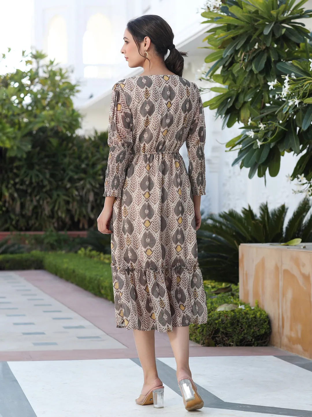 Brown Ikat Digital Printed Wrap Look Gerogette Dress