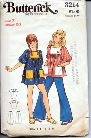 Butterick 3214 Young Girls' Dress Top Pants Vintage 1970's Sewing Pattern